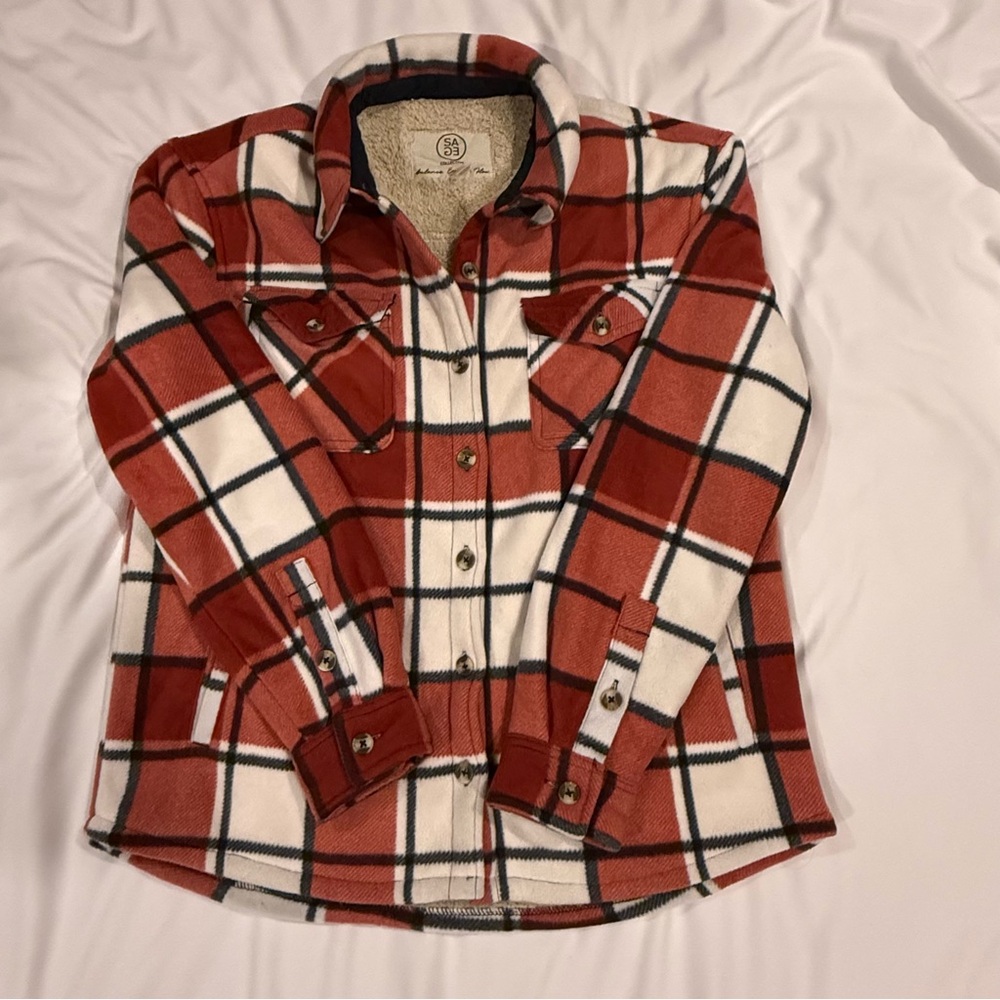 Sage‎ Collective Sherpa Lined Plaid Jacket Small Red White Button Up Coat